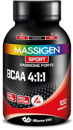 Mass Sport BCAA 4:1:1, 100 Compresse, Integratore di Aminoacidi Ramificati AjiPure® con Vitamina B6, Supporto per Muscoli e Recupero, Senza Glutine e Lattosio