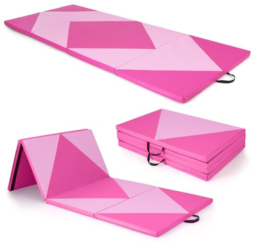 Giantex 4'x10' Gymnastics Mat, 2 Thick Folding Tumbling Mat with Carrying Handles, Foldable Gym Mat with Hook and Loop Fastener, Cheer Mats for Kids Adults Home Exercise Aerobics Fitness, Rose/Pink