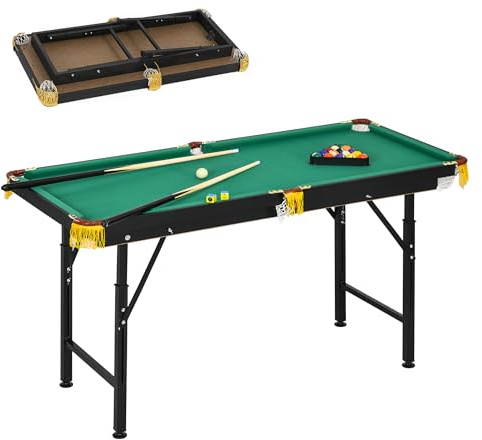 SPORTNOW Table de Billard Pliable Hauteur réglable avec Accessoires 2 queues, 16 Boules, 2 craies, Triangle, Brosse, dim. 140L x 63l x 55-75H cm Vert