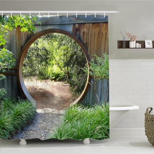 Simpomsy Garden Shower Curtain Green Botany Leaves Natural Village Bathroom Curtain Round Wooden Door Farmhouse Vintage Shower Curtain for Bathroom Decor with 12 Hooks 150x180cm