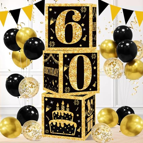 Cajas decorativas de 60 cumpleaños para hombres, 3 cajas de globos de cumpleaños número 60, suministros de fiesta de 60 años para hombres y mujeres