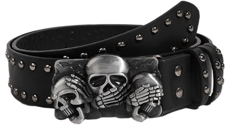 XBOKA Taillengürtel mit Totenkopf-Schnalle, Punk, Skinny-Kette für Cowgirl, Grunge-Schnalle, moderner Bund, Taillenkette, Nietengürtel, Schwarz, 105x3.8cm