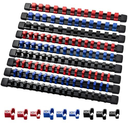 CROWNSHOP 9-Piece Socket Holder Storage Box for 1/4, 3/8, 1/2 Inches with Guide - ABS Organizer Clamping Tool