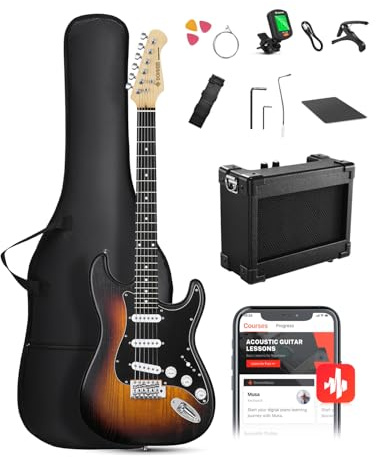 DONNER DST-80 Electric Guitar 39” Beginner Electric Guitar Kit with Amp, Classic SSS Pickup Complete with Gig Bag, Tuner, Capo, Strap, Picks, and Free Online Lessons, Red Tea Burst