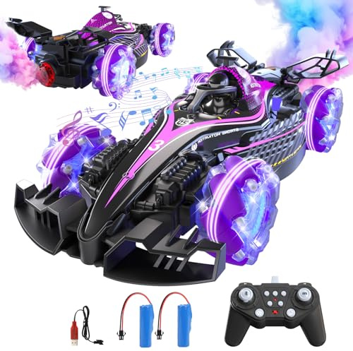 QiquBox Coche de Control Remoto, Coche RC con función de pulverización de 14 Canales con Luces y música, Velocidad de hasta 25 km/h, un Gran Regalo para Adultos o niños de 3 años en adelante (Morado)