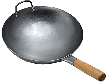 YHEIANJ Iron Woks Stir-Fry Pans, Chinese Traditional Hand Hammered Carbon Steel Pow Wok No Coating Round Bottom with Steel Helper Handle, Less Oil