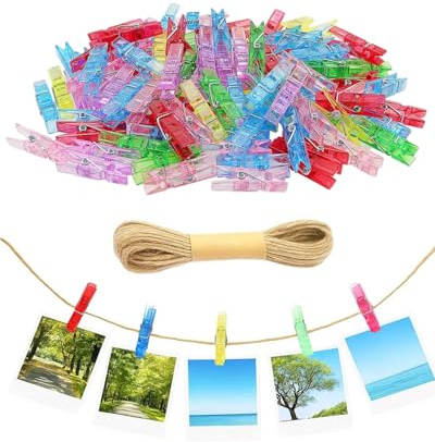 FUGLUS 100 Pezzi Mini Mollette in Plastica Con corda da 10 m, Mini Clip con Molla, Mini Mollette Trasparenti in Plastica, per Appendere Foto Card Paper Arts & Crafts Picture Scrapbooking (Colorate)