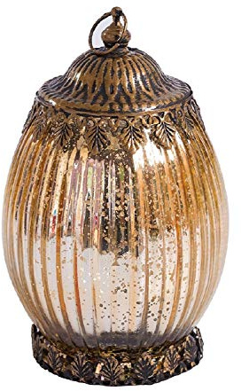 Jinfa | Farol de Vidrio con Luces LED para Exterior | Farolillo para Exteriores, Interiores, centros de Mesa, sin Llama | Color Dorado | Forma de urna