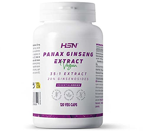 HSN Extracto Panax Ginseng Coreano 400mg (20% Ginsenósidos) | 120 Cápsulas Vegetales | 35x Veces Más Concentrado: Equivalencia 14 Gramos de Hoja y Raíz | No-GMO, Vegano, Sin Gluten