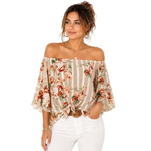 es-uk Dam kort volang utsvängd ärm axellös knytning fram chiffong skjorta topp blus, BEIgE, S