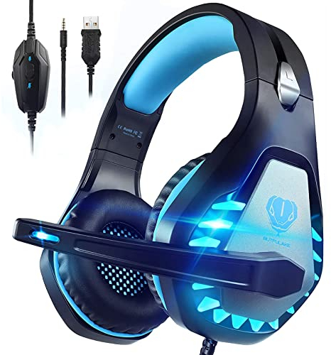 Pacrate Gaming Headset for PS4 PS5 PC Switch Xbox Headset with Noise Cancelling Wired Headset with LED Light & Mic for Mac Laptop Gaming Headset Soft Memory Earmuffs,Black Blue