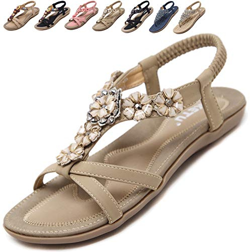 Acfoda Zapatillas Mujer Verano Casual Planas Sandalias Comodas Elegantes Confort Zapatos de Playa Elástica Antideslizantes Chanclas Talla Beige 43