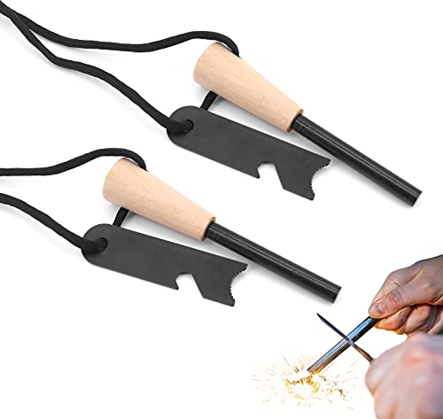 Beowanzk Lot de 2 Pierre a Feu,Allume Feu Kit Naturel,Bushcraft Materiel Survie,Firesteel Silex Briquet Allumettes pour Camping,Randonnée,20,000 Gerbes D'étincelles