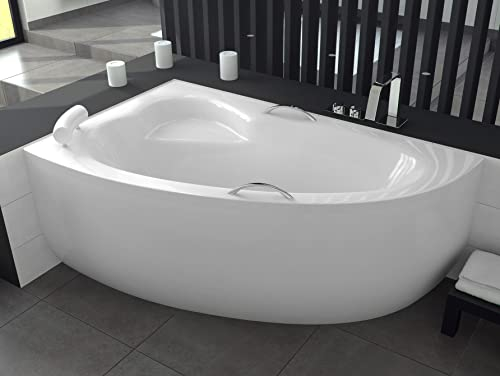ECOLAM® Badewanne Eckbadewanne Acryl Natalia weiß 150x100 cm LINKS + Schürze + weiße Kopfstütze + 2 x Handgriff Ablaufgarnitur Ab- und Überlauf Automatik Füße Silikon Komplett-Set