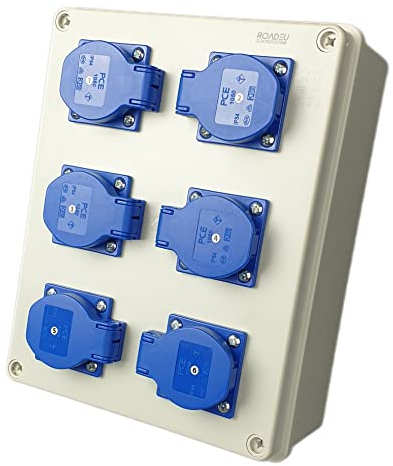 RoadEu – Caja de distribución eléctrica 230V con 6 enchufes 16A – Cuadro de distribución IP54 de pared – Precableado – Para interior y exterior – Ideal para taller, garaje y obra