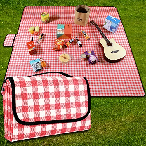 GUSUWU Picnic Blanket Waterproof Beach Blanket 200 x 300 cm Washable Lightweight with Handle Red Check Suitable for Hiking Outdoor Camping Park