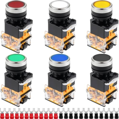 DAOKAI 22mm Momentary Push Button Switch 440V 10A Push Type LA38-11 1NO 1NC Switch (Red/Bule/Green/White/Yellow/Black) 6 Color with 24 Pcs Fork Terminal
