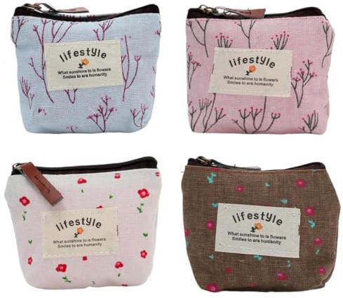 4 Stück Geldbeutel Mini,Kleines Portemonnaie Damen,Täschchen mit Reißverschluss,Kosmetiktasche,Mini Geldbörse Damen Canvas Münzgeldbeutel,für Münzen,Karten,Schlüssel-Stil A