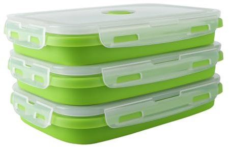 OITUGG Faltbare Brotdose 3 stück - 1200ml Silikon Faltbare Lunch Box mit Deckel, BPA-frei, auslaufsicher, leicht zu reinigen, mikrowellengeeignet, Spülmaschinenfest, 20 x 12 x 7cm, Grün