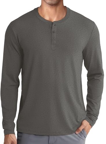 COOFANDY långärmad tröja herr långärmad Henley-skjorta fritidsskjorta toppar med knappslå basic undertröja, Mellangrå, L