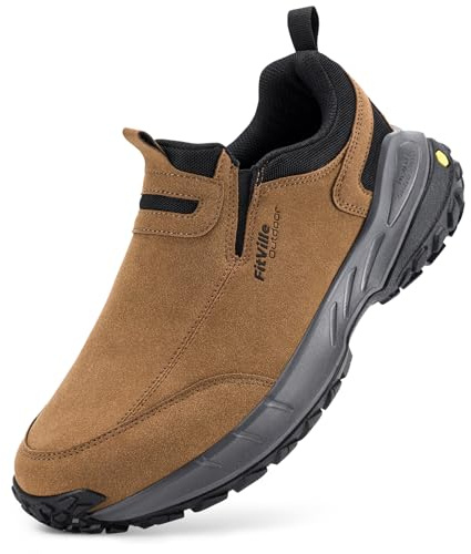 FitVille Extra Anchos Zapatillas de Senderismo Hombre Sin Cordones Zapatos para Nordic Walking Zapatillas Casual Slip-on Caqui 40 EU Ancho