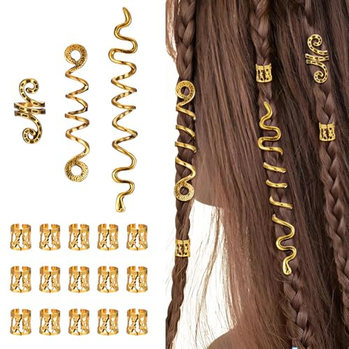 Nogeqi 18 Stück Gold Dreadlocks Schmuck, Metall Haarschmuck Gold, Schmuck Haarspiralen Clips Hair Cuffs, Haarspiralen Haarperlen zum Klipsen Braids Zubehör mit Aufbewahrungsbox