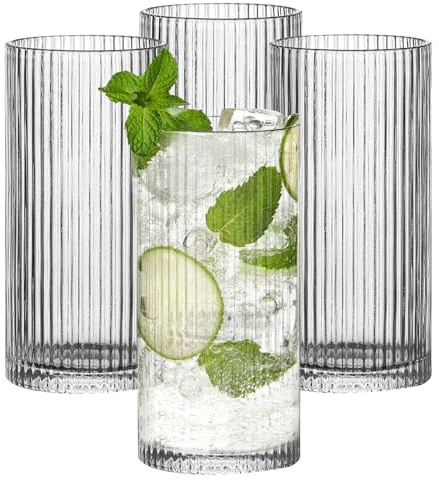 WANDGU - Juego de 4 vasos largos de 360 ml de copa de café, vasos de cristal transparente, vidrio de alta gama, tazas de café para té, leche, whisky, zumo, mojito
