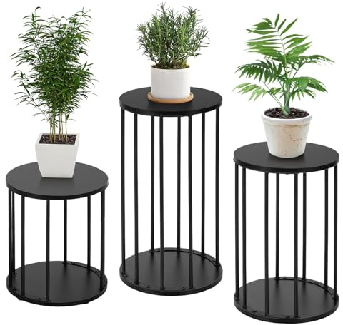 HDANI Set med 3 runda växtstativ metall 35/45/55 cm, solid och robust blomstativ för vardagsrum, trädgård, balkong, blompall för trä, svart