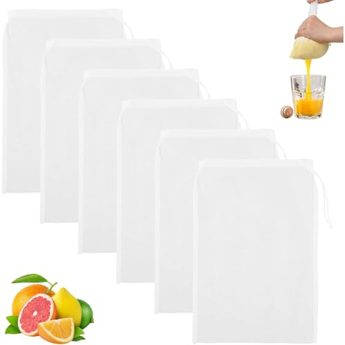 6 Stück Nussmilchbeutel, 20 × 30 cm Bio Feingewebt Filterbeutel, mit Kordelzug Abseihtuch, Waschbar Wiederverwendbar Siebtuch, für Nussmilch Käse Kaffee Joghurt Fruchtsaft Gemüsesaft