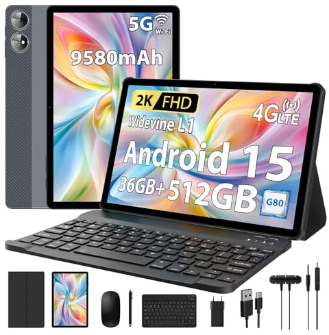 PIXGOOD 2K Tablet 11 Pulgadas, 36GB RAM+512GB ROM (2TB TF), Android 15, 4G SIM LTE+5G WiFi, 2000 * 1200, Octa-Core, 9580mAh, WidevineL1, 13MP+8MP, GPS, Bluetooth-Tablet con Teclado ect (Gris)
