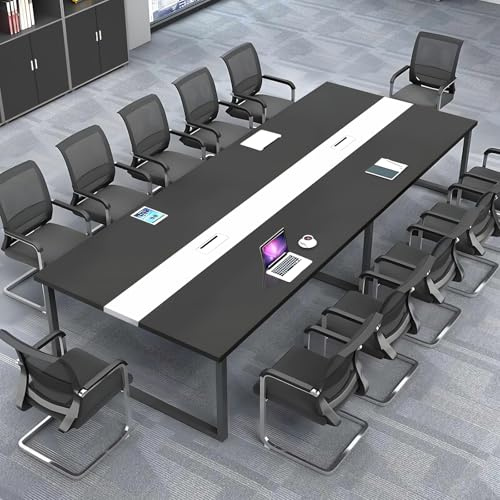 ZRBDDEF Grande Table de Conférence – Table de Réunion Moderne pour Bureau avec Passe-Câbles, Structure Métallique Robuste, Design Rectangulaire Noir-Blanc pour 8–12 Personnes (sans chaises)