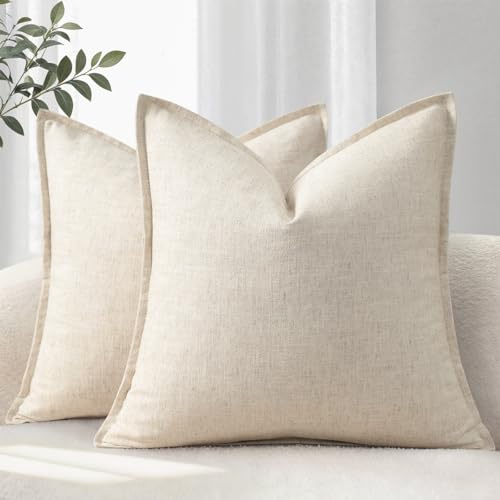 YCOLL Kissenbezug 50x50 2er Set Gemütliche Weiche Natur-Leinen Kissenhüllen Einfarbige Sofakissen Moderne Kissenbezüge mit Kante Dekokissen für Couch, Bett Wohnzimmer Beige