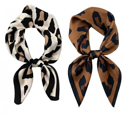 Solvio 2 Pack Leopard Print Silk Scarf for Women, Multipurpose Satin Neck Scarf and Hair Bandana, Lightweight Square Headscarf for Summer Beach Travel Vacation, 70x70cm