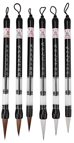 6 st kolvvattenborstar kinesisk japansk kalligrafi penna justerbar kolv (S+M+L), vit och brun borste huvudpenna