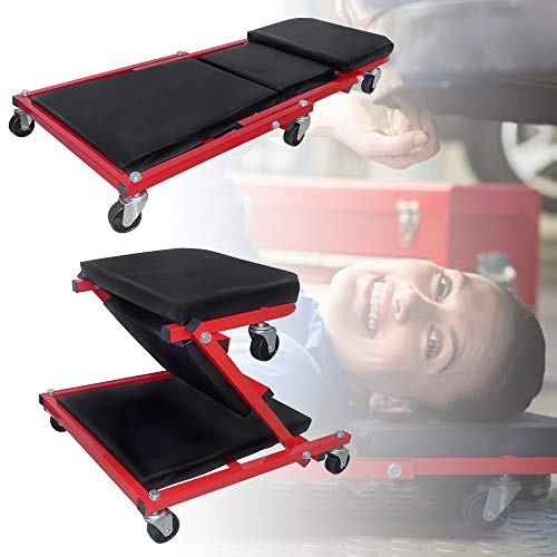 Froadp - Carro de visita, mecánico, mesa de montaje metálico, resistente, plataforma móvil de 6 ruedas con capacidad de rotación de 360° Máx. 150 kg 2 en 1 taburete de taller para coche
