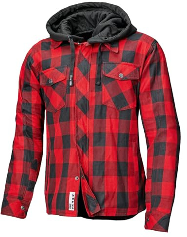Hjäld Lumberjack 2 – motorcykelskjorta med skydd – CE-certifierad motorcykeljacka män EN 17092 – flanellmaterial – avtagbar huva – mjuka skydd axlar och armbågar – sv/röd, storlek 4XL
