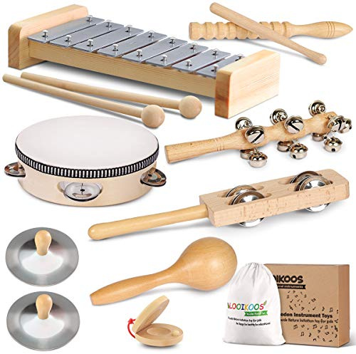 LOOIKOOS Toddler Musical Instruments, Eco Friendly Music Set for Kids Preschool Educational, Natural Wooden Percussion Instruments Musical Toys for Boys and Girls with Storage Bag