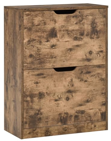 HOMCOM Industrial Shoe Cabinet with 2 Flip Drawers, Narrow Shoe Storage Cabinet for 12 Pairs, Freestanding Slim Shoe Storage Organiser for Entryway, Hallway, Rustic Brown