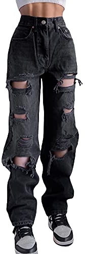 Women's Casual Distressed Ripped Jeans High Waist Loose Wide Leg Denim Pants Y2k E-Girl 90s Streetwear (z2, S)