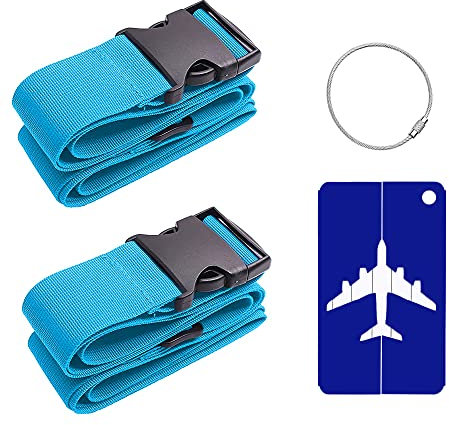 Newaner Sangle de Bagage, Sangles de Transport Suitcase Belt Accessoires de Voyage,3.8cm x 180cm, 2-Pack avec 1 Étiquette Bagage (Bleu)