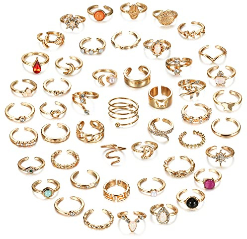 Subiceto 48Pcs Open Toe Rings Set for Women Men Adjustable Vintage Retro Knuckle Ring Bohemian Toe Finger Tail Ring Summer Beach Foot Jewelry Gold