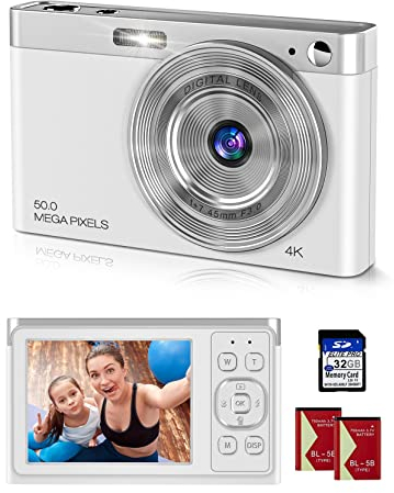 Y-YOPZI 4K Ultra HD Mini-Videokamera 50 MP 2, 88-Zoll-LCD-wiederaufladbare Studenten-Kompaktkamera mit 16-fachem Digitalzoom YouTube-Vlogging-Kamera für Kinder, Erwachsene, Anfänger(Silber)
