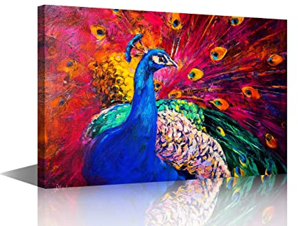 Colorful Peacocks Oil Paintings Style Canvas Wall Art Print on Canvas Animal Pictures for Livingroom Bedroom Home Decoration Stretched and Frame Ready to Hang Medium Size 16x24inch (40x60cm)