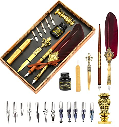 Joyeee Ensemble de plumes et d'encre avec cachet de cire, stylo à dessin en bois, 17 pointes de calligraphie, ouvre-lettres en métal, bouteille d'encre noire et boîte cadeau, rouge vin