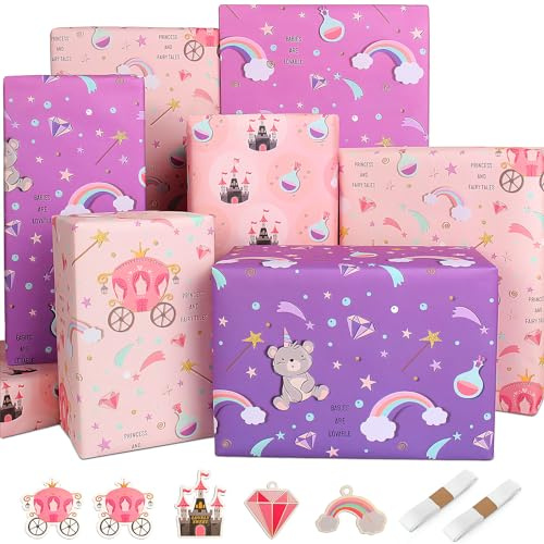 Papier Cadeau Anniversaire Fille Enfant Château Papier Anniversaire d'emballage Papier Emballage Cadeau Violet Rose Papier Cadeaux epais
