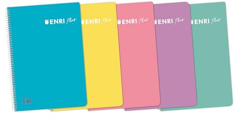 ENRI Plus, Cuadernos A5 (Cuarto), Pack de 5 Libretas de Tapa Plástico con Espiral, 80 Hojas con Cuadrícula 4x4, Colores Azul Pastel, Amarillo Pastel, Rosa Pastel, Malva, Ice Mint Pastel