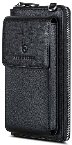 VON HEESEN Leder Handy-Geldbörse mit RFID-Schutz - Handytasche mit Portemonnaie für Damen & Herren aus echtem Leder - Wallet mit Münzfach - Geldbeutel für Frauen und Männer in Saffiano Schwarz