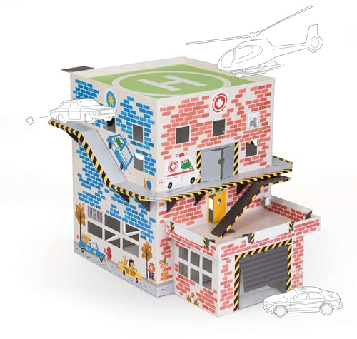 FOLDZILLA 3 in 1 Spielhaus 65 x 50 x 50 cm Feuerwehr Polizei Krankenhaus Feuerwache Polizeistation aus Pappe für Kinder