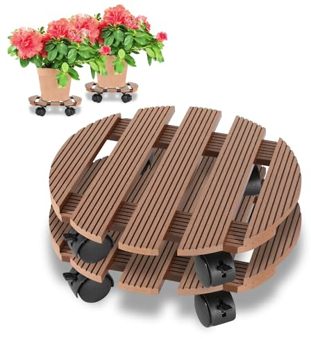 Ikodm 2X WPC Pflanzenroller Rund Ø 30 x 7,5 cm｜Blumenroller mit Rollen, Rolluntersetzer Tragkraft 80 kg｜Kübelroller für den Innen- und Außenbereich｜Rollbrett für Pflanzen, Blumentopf (Braun)