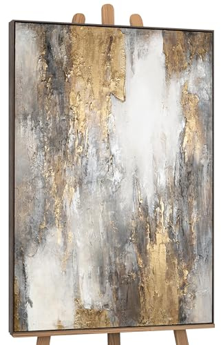 YS-Art Cuadro pintura abstracta hecho a mano En el marco Tiempo suave Decoración de pared salon modern tonos claros grises y dorados 180x120 cm